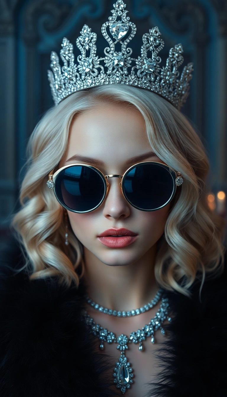 Free AI Young Platinum Blonde Queen in Black Fur iPhone Professional Wallpaper